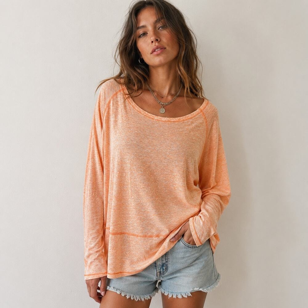 We The Free by Free People Orange Lightweight Slub Knit Long Sleeve Top Sz Large